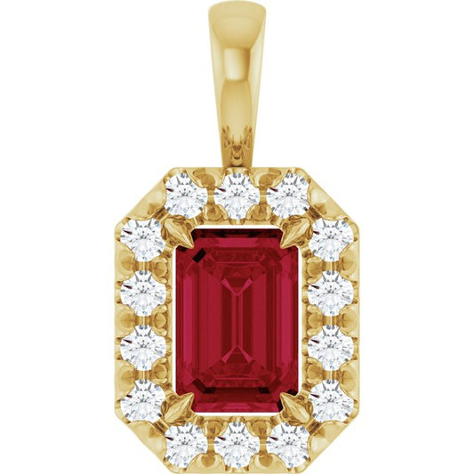 14K Yellow Gold Emerald Shape 6 X 4Mm I1, G-H Polished Natural Ruby And 1/5 Ctw Natural Diamond French-Set Halo-Style Pendant
