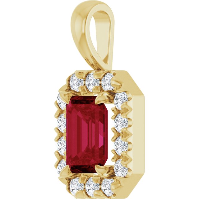 14K Yellow Gold Emerald Shape 6 X 4Mm I1, G-H Polished Natural Ruby And 1/5 Ctw Natural Diamond French-Set Halo-Style Pendant