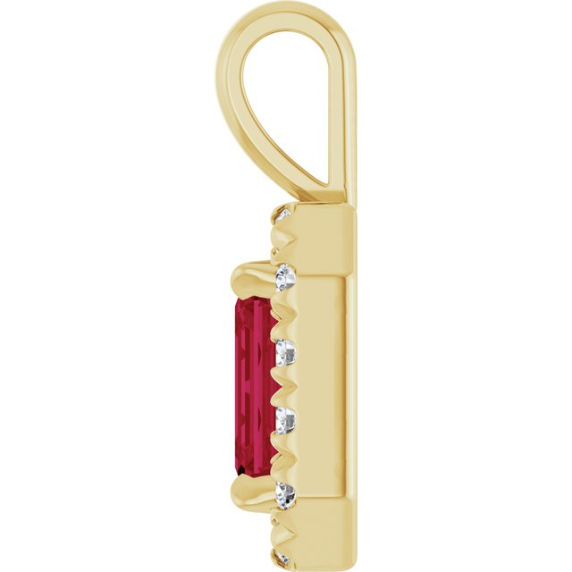 14K Yellow Gold Emerald Shape 6 X 4Mm I1, G-H Polished Natural Ruby And 1/5 Ctw Natural Diamond French-Set Halo-Style Pendant