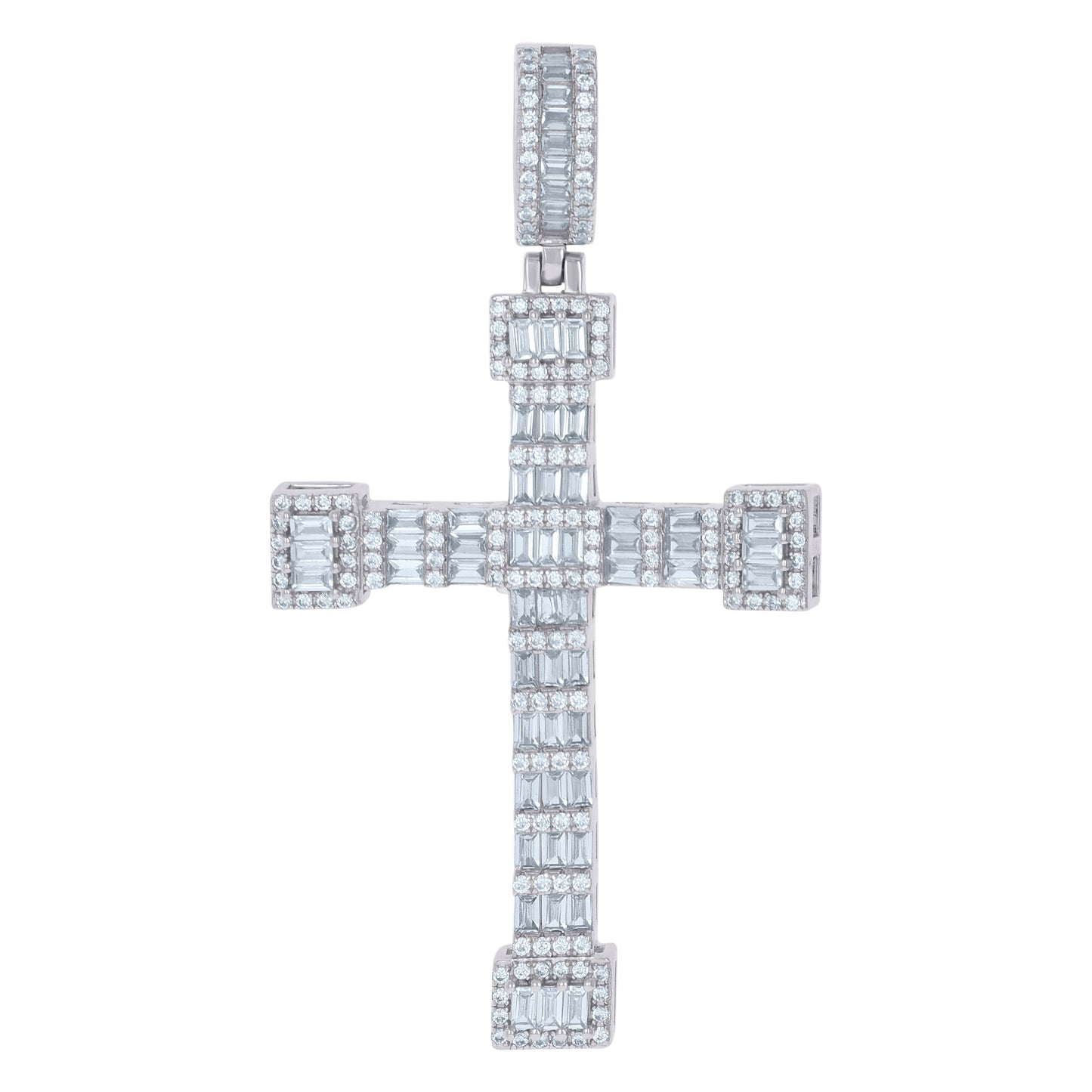 Sterling Silver Mens Baguette Cubic-Zirconia Cross Religious Charm Pendant