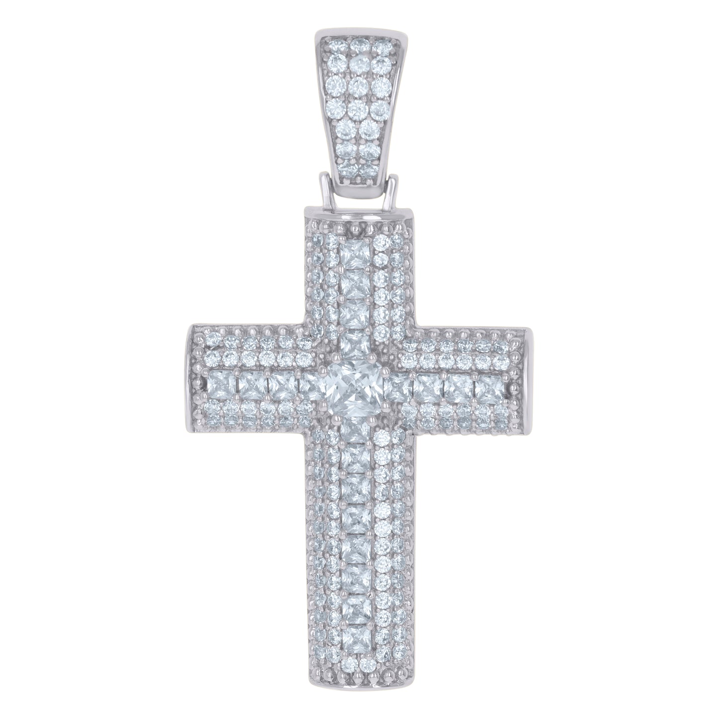 Sterling Silver Mens Princess Cubic-Zirconia Cross Religious Charm Pendant