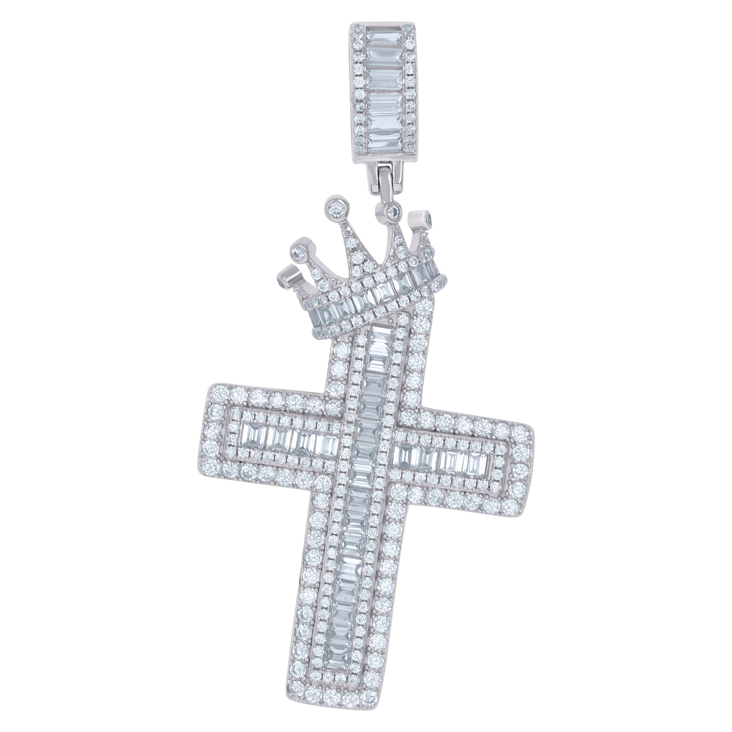Sterling Silver Mens Baguette Cubic-Zirconia Crown Cross Religious Charm Pendant