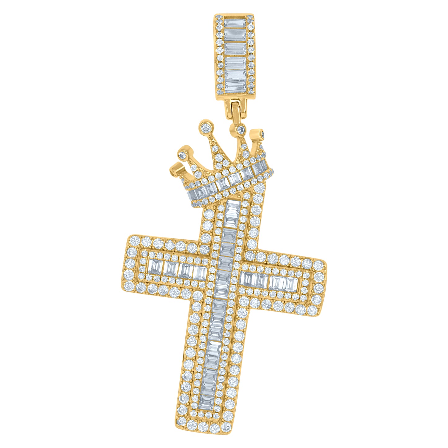 Sterling Silver Mens Baguette Cubic-Zirconia Crown Cross Religious Charm Pendant