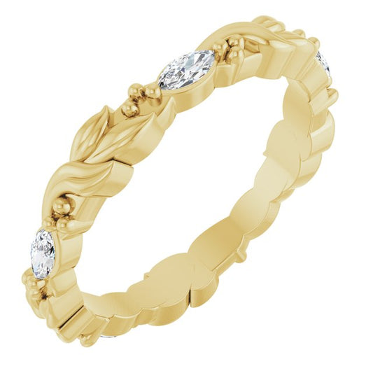 14K Yellow Gold Marquise 3.75 X 1.75 Mm Si2-Si3, G-H Polished 1/4 Ctw Natural Diamond Floral Eternity Band, Size 6