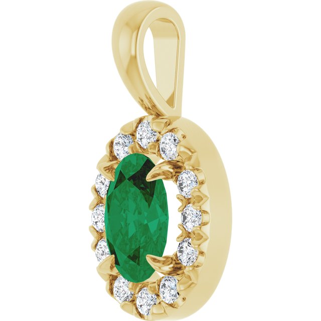 14K Yellow Gold Oval 6 X 4Mm I1, G-H Polished Natural Emerald And 1/10 Ctw Natural Diamond French-Set Halo-Style Pendant