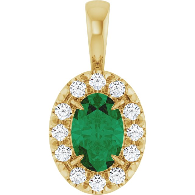 14K Yellow Gold Oval 6 X 4Mm I1, G-H Polished Natural Emerald And 1/10 Ctw Natural Diamond French-Set Halo-Style Pendant