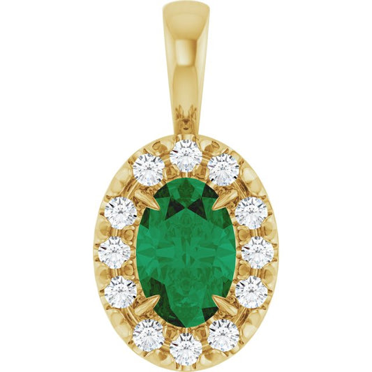 14K Yellow Gold Oval 6 X 4Mm I1, G-H Polished Natural Emerald And 1/10 Ctw Natural Diamond French-Set Halo-Style Pendant