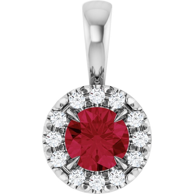 14K Yellow Or White Gold Round 3Mm I1, G-H Polished Natural Ruby And .03 Ctw Natural Diamond French-Set Halo-Style Pendant