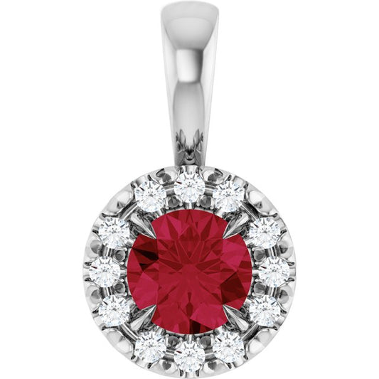 14K Yellow Or White Gold Round 3Mm I1, G-H Polished Natural Ruby And .03 Ctw Natural Diamond French-Set Halo-Style Pendant