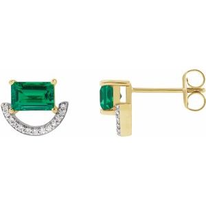 14K Yellow Gold Straight Baguette 6 X 4 Mm Imitation Emerald And 3/4 Ctw Natural Diamond Earring With 14Kw Rhodium-Plated Prongs