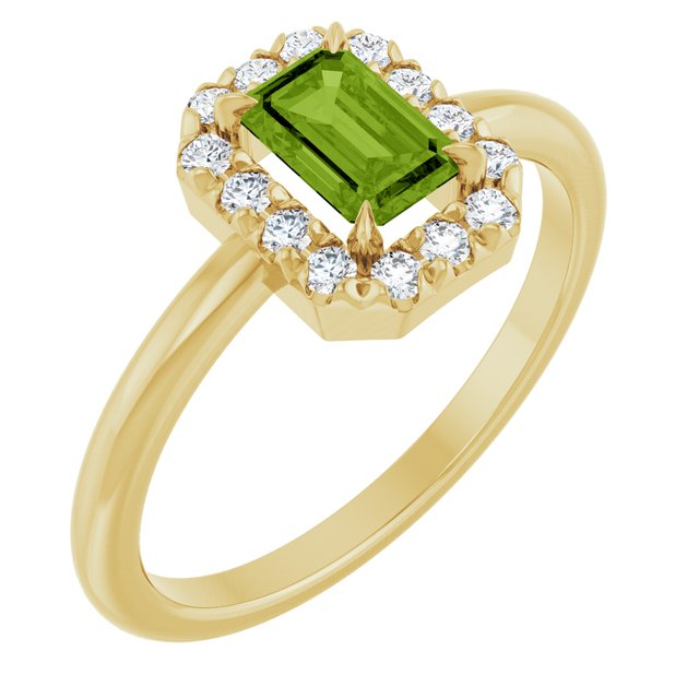 14K Yellow Gold  Emerald 6 X 4 Mm  Polished Natural Peridot And 1/5 Ctw Natural Diamond French-Set Halo-Style Ring