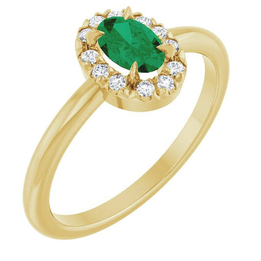 14K Yellow Gold  Oval 6 X 4 Mm  Polished Lab-Grown Emerald And 1/10 Ctw Natural Diamond French-Set Halo-Style Ring