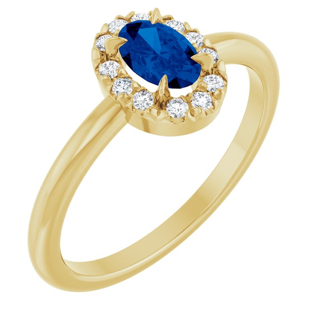 14K Yellow Gold  Oval 6 X 4 Mm  Polished Lab-Grown Emerald And 1/10 Ctw Natural Diamond French-Set Halo-Style Ring
