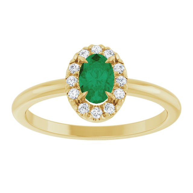 14K Yellow Gold  Oval 6 X 4 Mm  Polished Lab-Grown Emerald And 1/10 Ctw Natural Diamond French-Set Halo-Style Ring