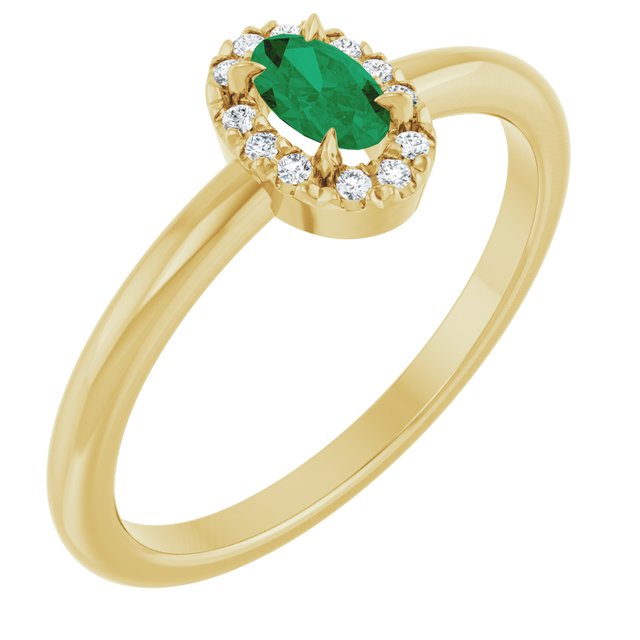 14K Yellow Gold  Oval 6 X 4 Mm  Polished Lab-Grown Emerald And 1/10 Ctw Natural Diamond French-Set Halo-Style Ring