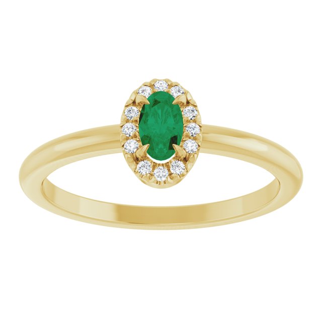 14K Yellow Gold  Oval 6 X 4 Mm  Polished Lab-Grown Emerald And 1/10 Ctw Natural Diamond French-Set Halo-Style Ring