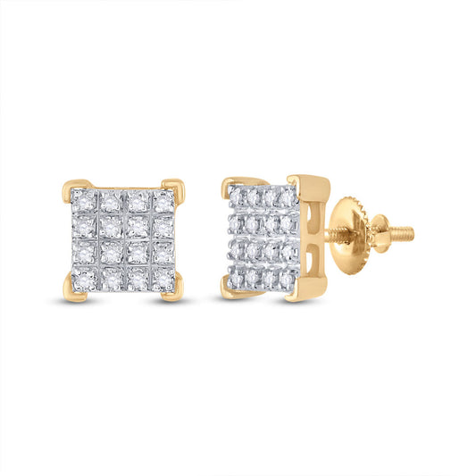 10K Yellow Gold Womens Round Diamond Square Earrings 1/10 Cttw