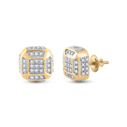 10K Yellow Gold Round Diamond Cushion Cluster Earrings 1/4 Cttw