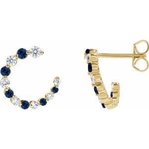 14K Yellow Gold Round 2.1 Mm Natural Blue Sapphire And 1/3 Ctw Natural Diamond Hoop Earrings