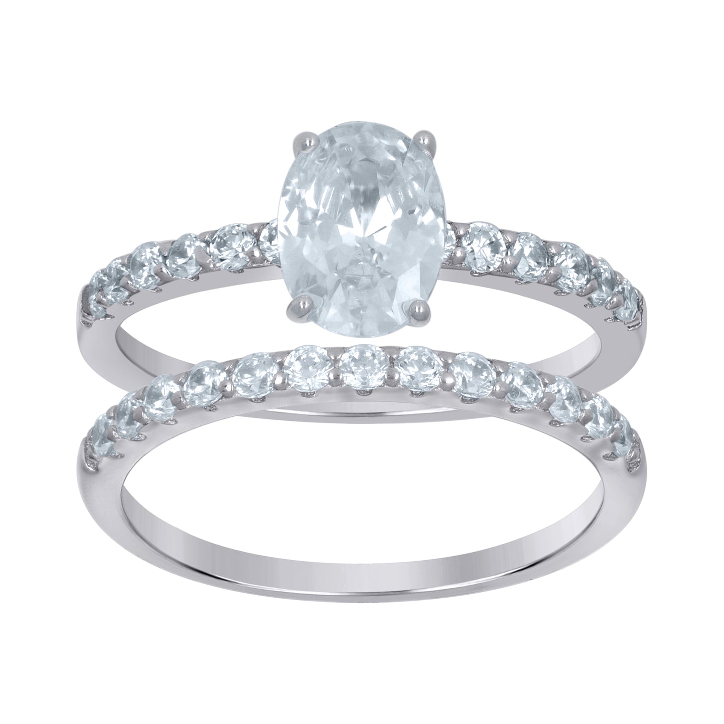 Sterling Silver Womens Oval Cubic-Zirconia Duo Bridal Anniversary Wedding Engagement Band Ring Set