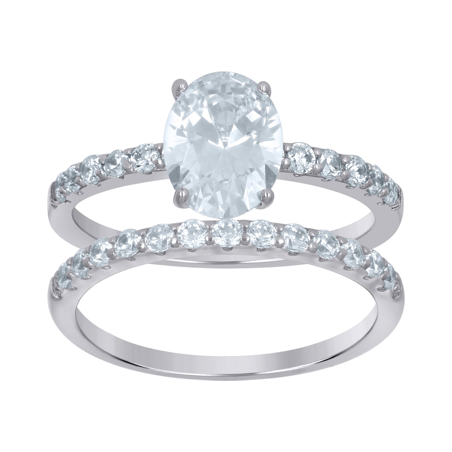 Sterling Silver Women's Oval Cubic-Zirconia Duo Bridal Anniversary Wedding Engagement Band Ring Set