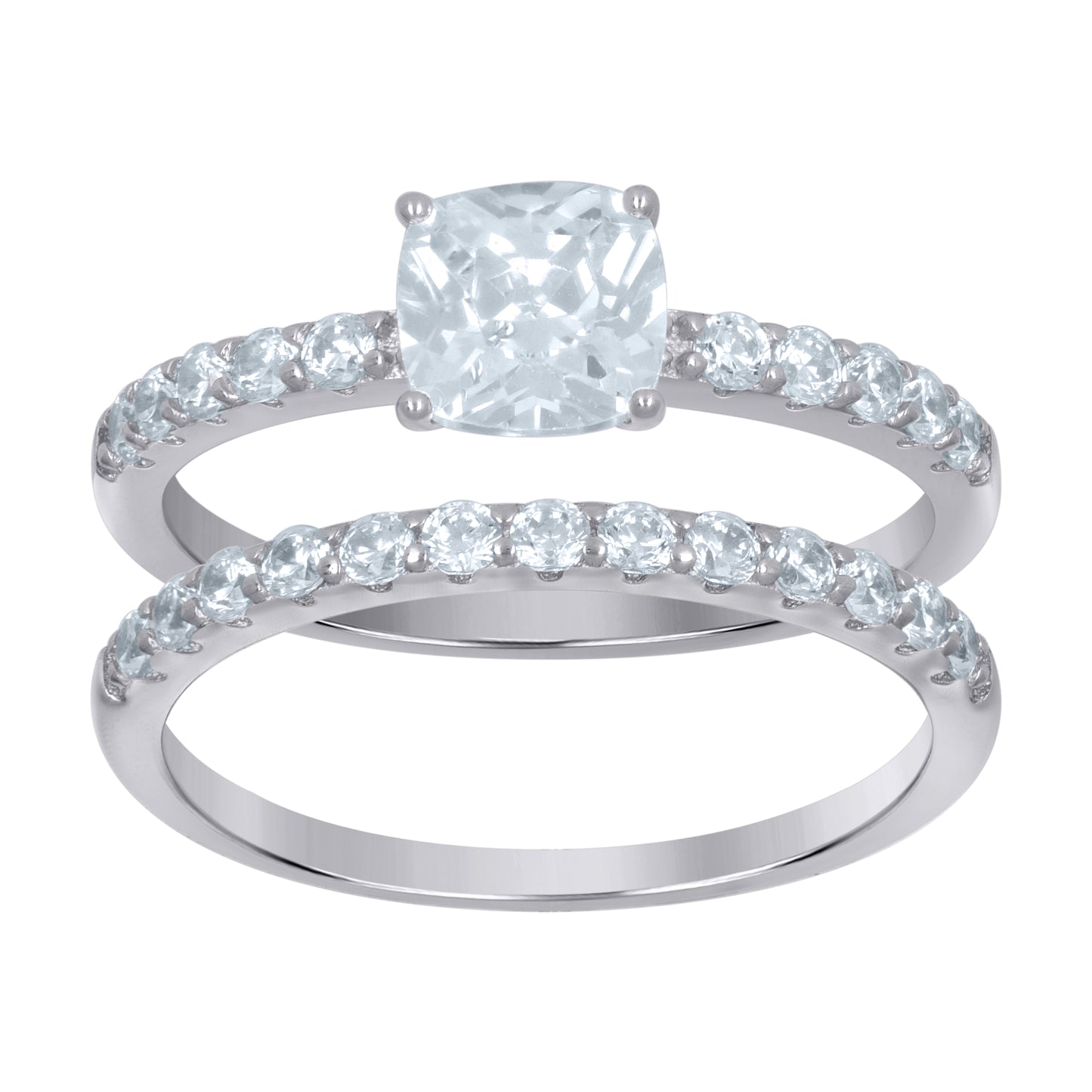Sterling Silver Womens Cushion Cubic-Zirconia Duo Bridal Anniversary Wedding Engagement Band Ring Set
