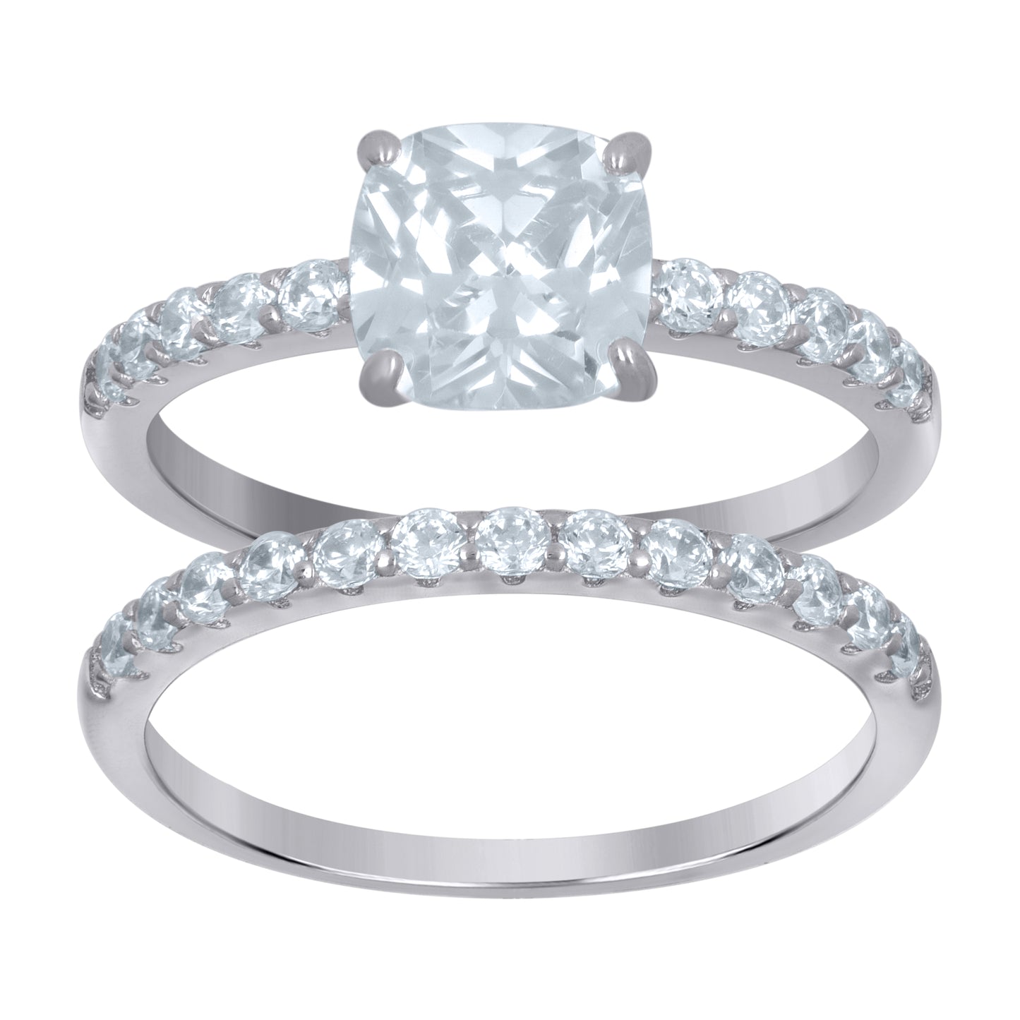 Sterling Silver Women's Cushion Cubic-Zirconia Duo Bridal Anniversary Wedding Engagement Band Ring Set