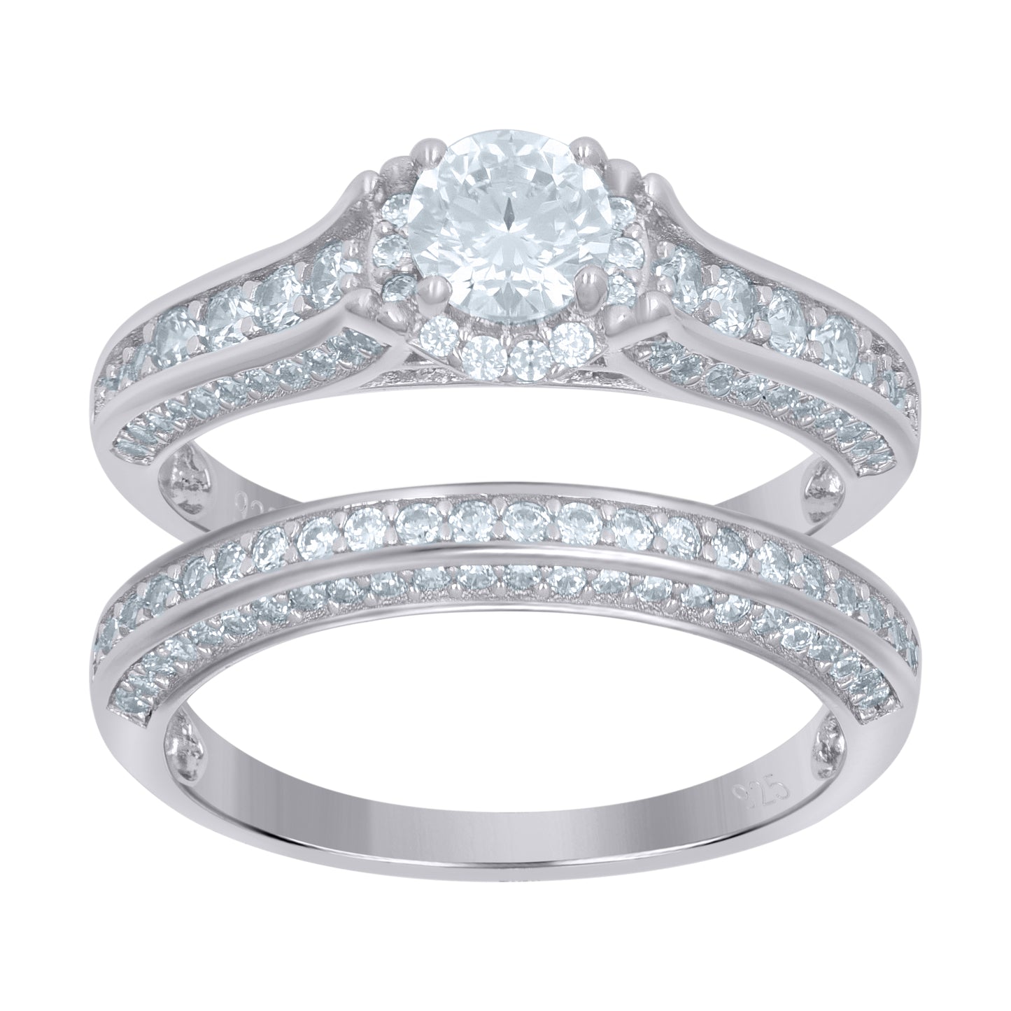 Sterling Silver Women's Cubic-Zirconia Duo Bridal Anniversary Wedding Engagement Band Ring Set