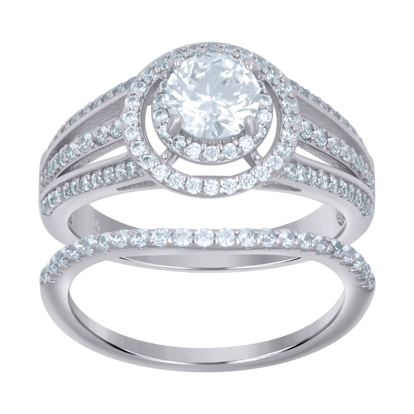 Sterling Silver Women's Cubic-Zirconia Duo Bridal Anniversary Wedding Engagement Band Ring Set