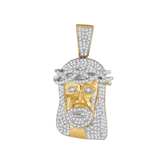 10K Yellow Gold Mens Round Diamond Jesus Face Charm Pendant 3/4 Cttw, Length: 1.42 In, Width: 0.74 In