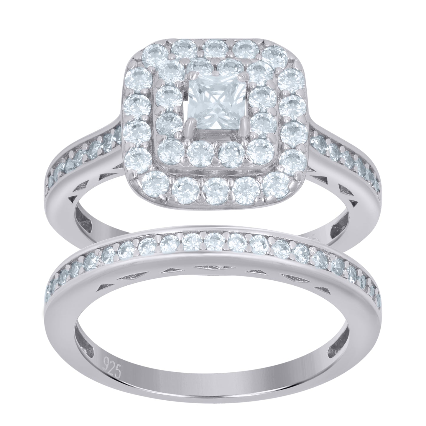 Sterling Silver Womens Princess-Cut Cubic-Zirconia Duo Bridal Anniversary Wedding Engagement Band Ring Set