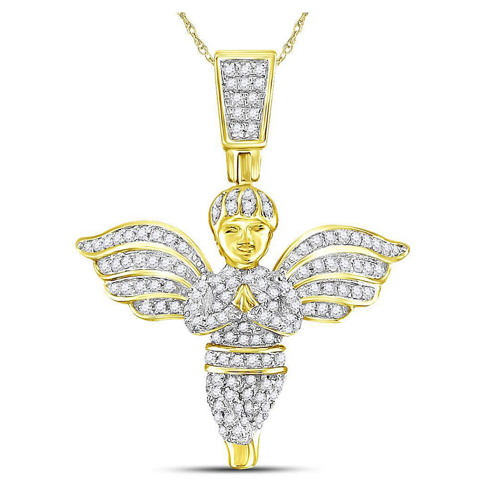 10K Yellow Gold Mens Round Angel Diamond Charm Pendant 3/8 Cttw, Length: 2.27 In, Width: 1.02 In