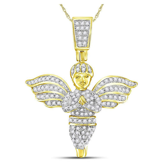 10K Yellow Gold Mens Round Angel Diamond Charm Pendant 3/8 Cttw, Length: 2.27 In, Width: 1.02 In