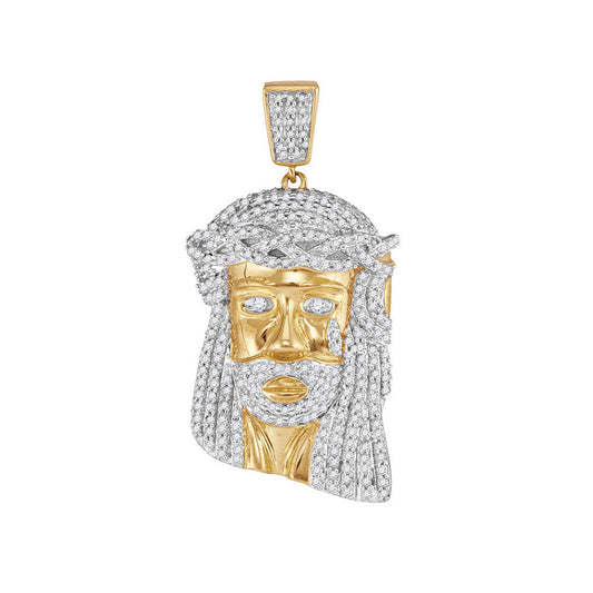 10K Yellow Gold Mens Round Diamond Jesus Face Charm Pendant 7/8 Cttw, Length: 1.32 In, Width: 0.85 In