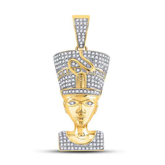 10K Yellow Gold Mens Round Diamond Nefertiti Pharaoh Charm Pendant 5/8 Cttw, Length: 2.37 In, Width: 0.98 In