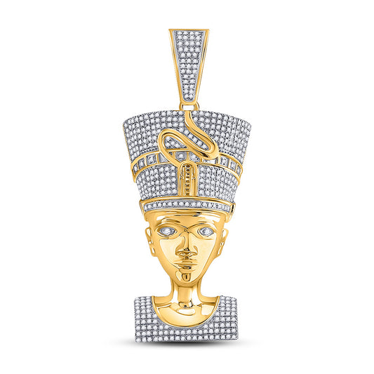 10K Yellow Gold Mens Round Diamond Nefertiti Pharaoh Charm Pendant 1-1/3 Cttw, Length: 2.26 In, Width: 0.92 In