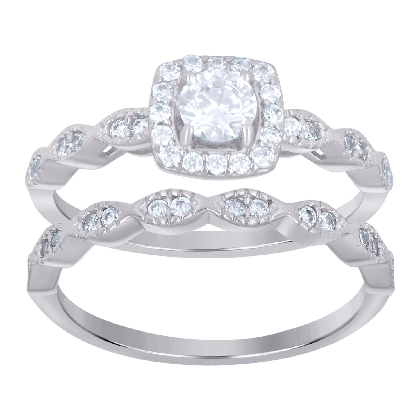 Sterling Silver Women's Cubic-Zirconia Duo Bridal Anniversary Wedding Engagement Band Ring Set