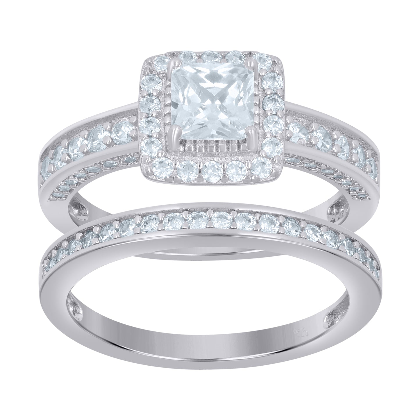 Sterling Silver Women's Princess-Cut Cubic-Zirconia Duo Bridal Anniversary Wedding Engagement Band Ring Set