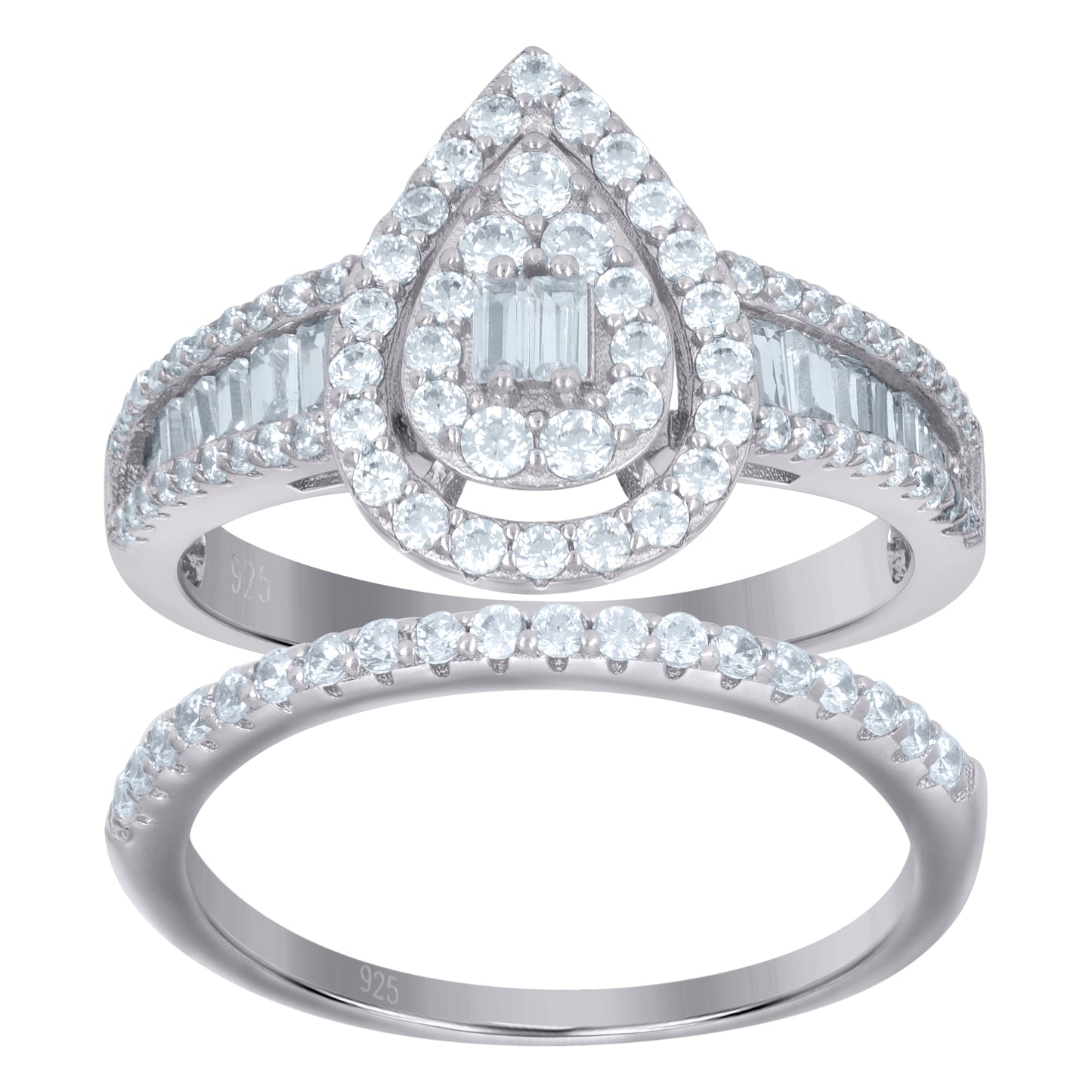 Sterling Silver Womens Baguette Cubic-Zirconia Teardrop Duo Bridal Anniversary Wedding Engagement Band Ring Set