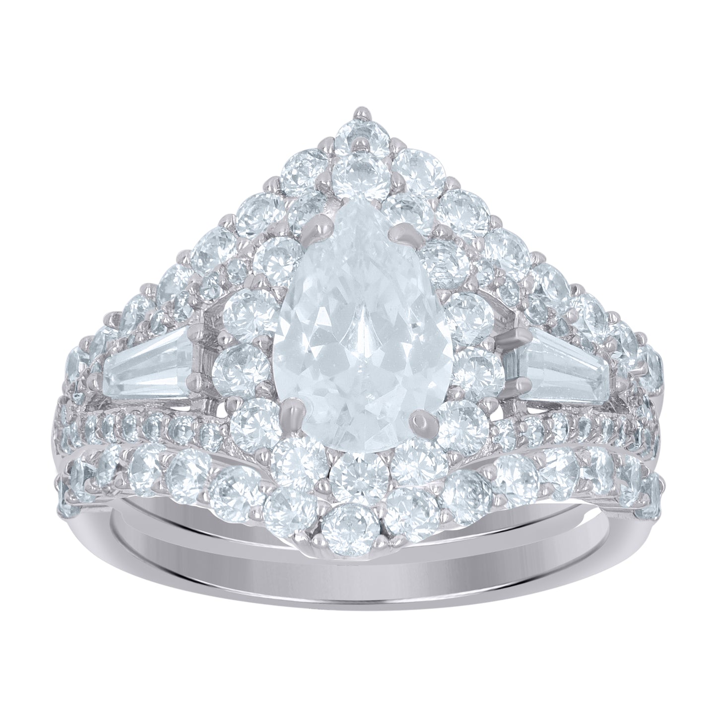 Sterling Silver Womens Pear Cubic-Zirconia Teardrop Duo Bridal Anniversary Wedding Engagement Band Ring Set