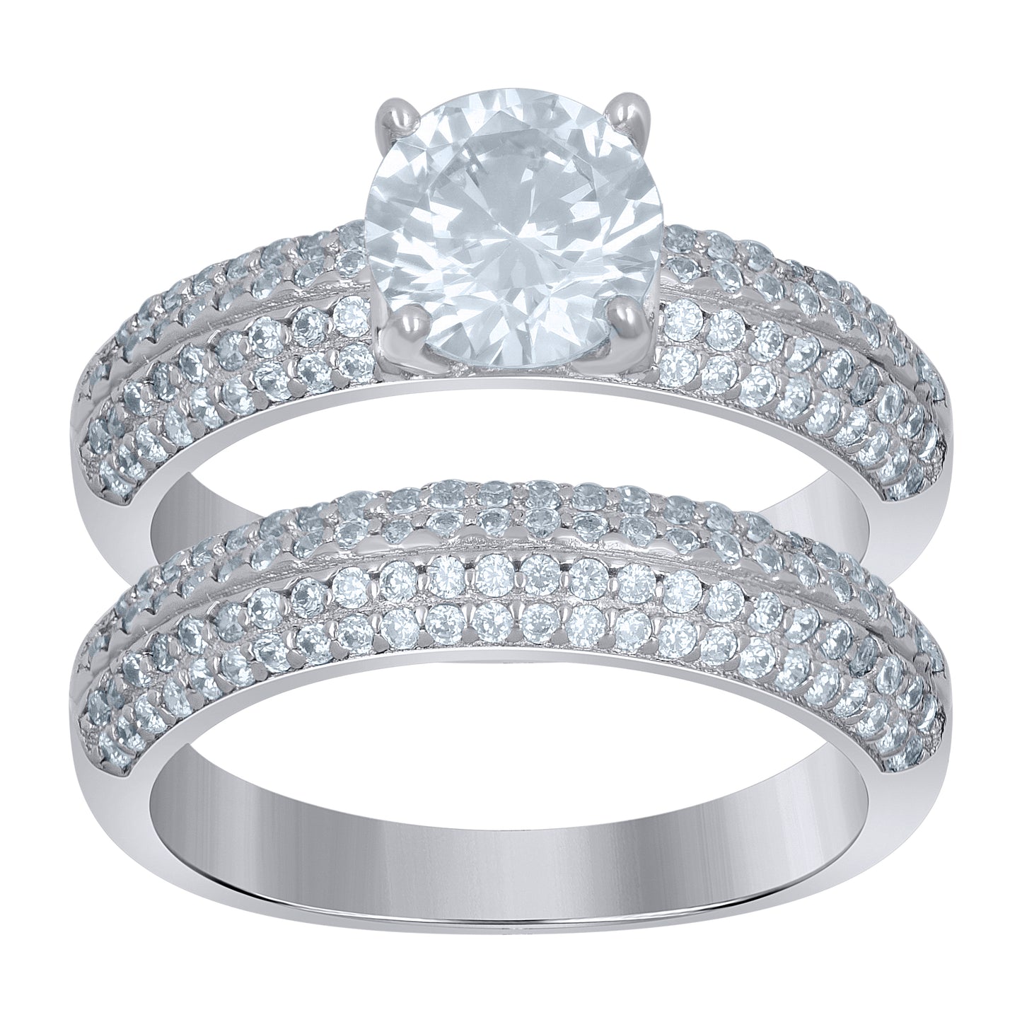 Sterling Silver Women's Cubic-Zirconia Duo Bridal Anniversary Wedding Engagement Band Ring Set
