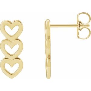 14K Yellow Gold Three Heart Drop Earrings