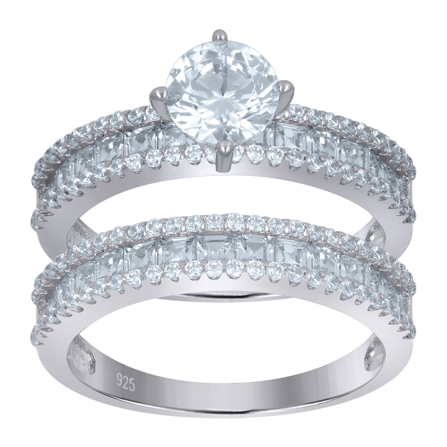 Sterling Silver Women's Princess-Cut Cubic-Zirconia Duo Bridal Anniversary Wedding Engagement Band Ring Set