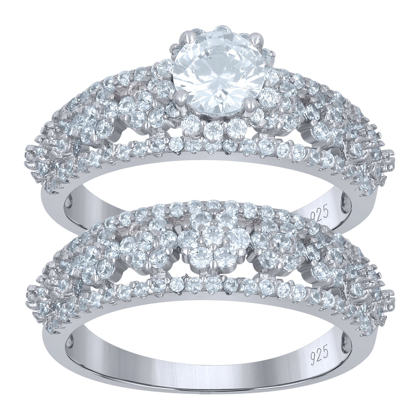 Sterling Silver Womens Cubic-Zirconia Flower Duo Bridal Anniversary Wedding Engagement Band Ring Set