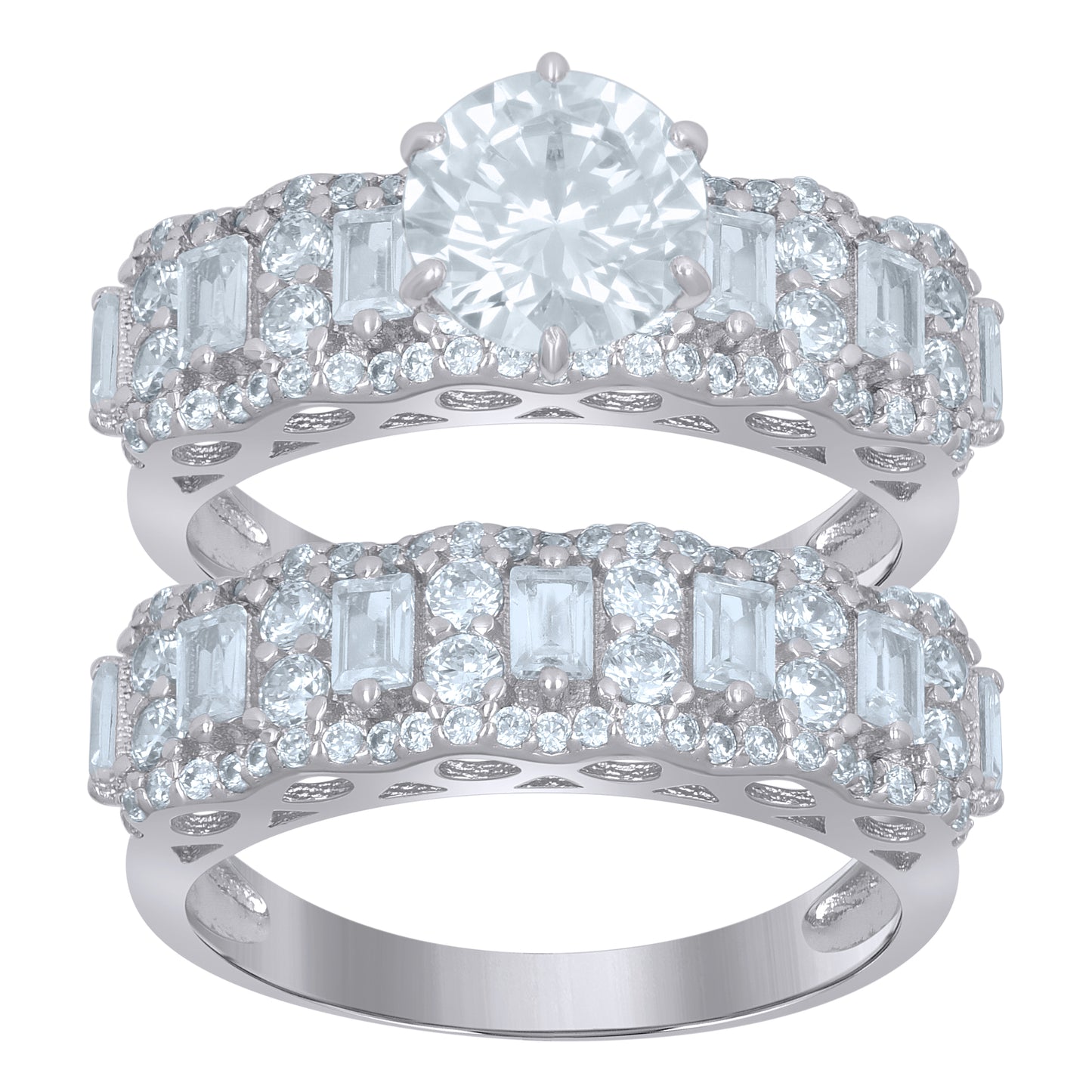 Sterling Silver Womens Baguette Cubic-Zirconia Duo Bridal Anniversary Wedding Engagement Band Ring Set
