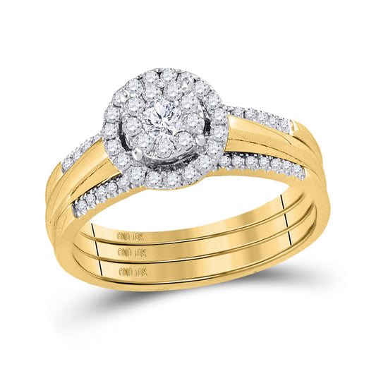 10K Yellow Gold Round Diamond 3-Piece Bridal Wedding Ring Band Set 1/2 Cttw, Womens Size: 5-10