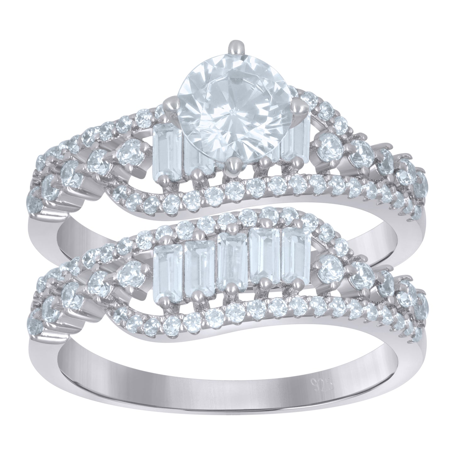 Sterling Silver Women's Baguette Cubic-Zirconia Duo Bridal Anniversary Wedding Engagement Band Ring Set