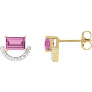 14K Yellow Gold Straight Baguette 6 X 4 Mm Imitation Pink Sapphire And 3/4 Ctw Natural Diamond Earring With 14Kw Rhodium-Plated Prongs