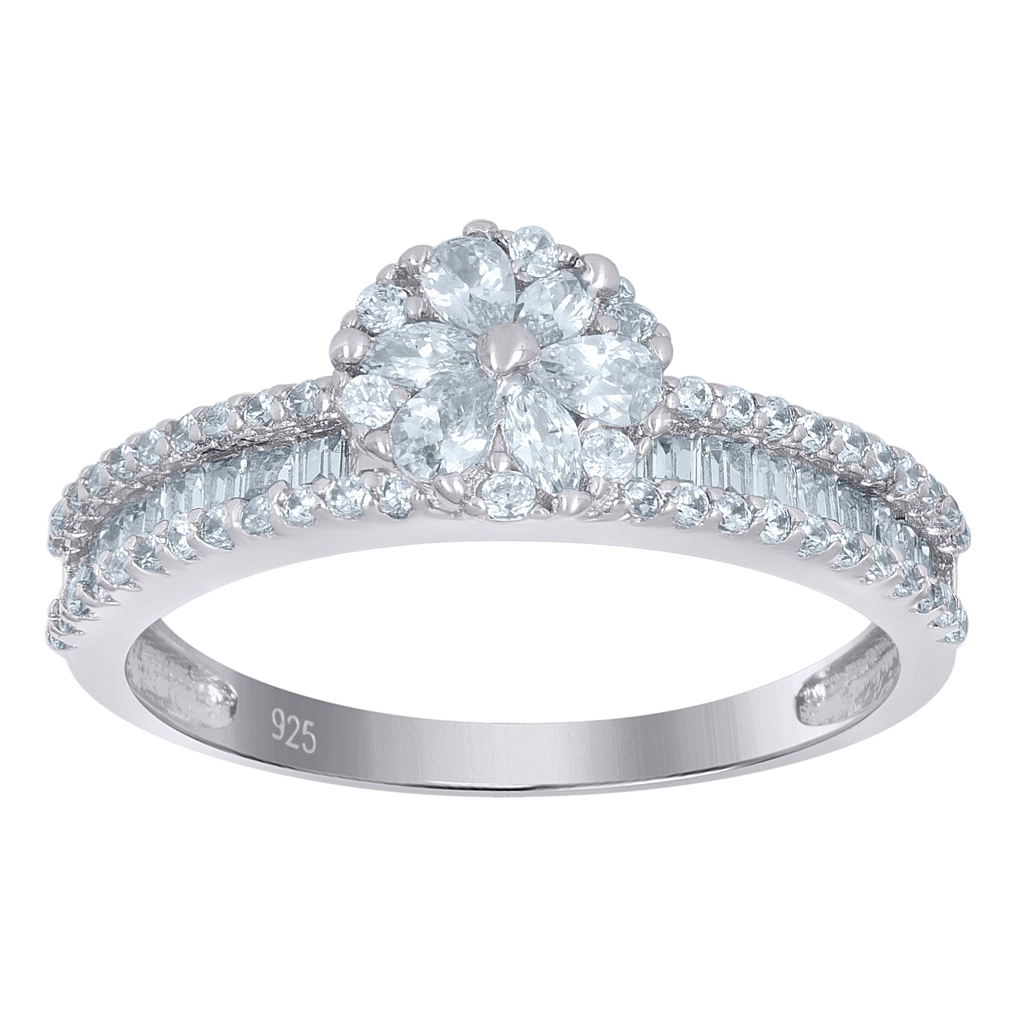 Sterling Silver Womens Baguette/Pear Solitaire Cubic-Zirconia Flower Bridal Anniversary Engagement Wedding Ring
