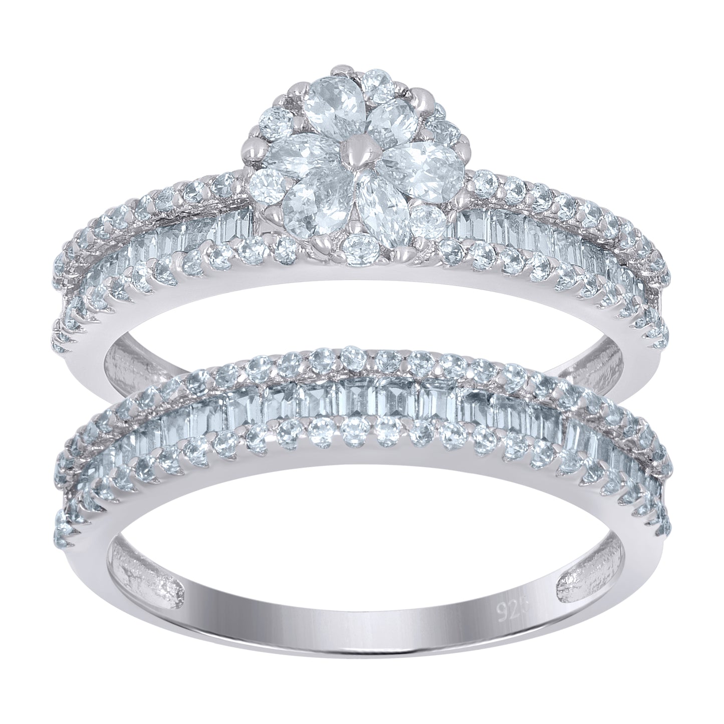 Sterling Silver Womens Baguette/Pear Cubic-Zirconia Flower Duo Bridal Anniversary Wedding Engagement Band Ring Set